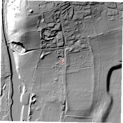 Shaded relief map of the ground around SL60DA, computed from Environment Agency LiDAR. The ground here sits at about 36 m above sea level and falls 48 m across the surrounding 800 m. Surface water reaching this point runs off ground lying to the north-north-west, 33.7 m higher.