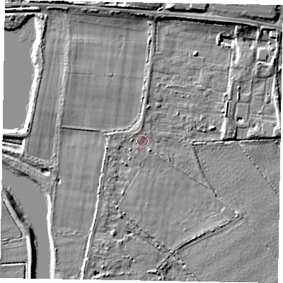 Shaded relief map of the ground around SL60DE, computed from Environment Agency LiDAR. The ground here sits at about 23 m above sea level and falls 7 m across the surrounding 800 m. Surface water reaching this point runs off ground lying to the south-east, 0.9 m higher.