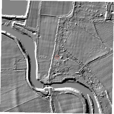 Shaded relief map of the ground around SL60DF, computed from Environment Agency LiDAR. The ground here sits at about 23 m above sea level and falls 5 m across the surrounding 800 m. Surface water reaching this point runs off ground lying to the south-south-east, 1.1 m higher.