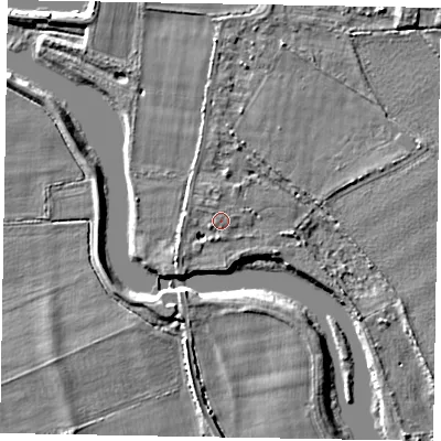 Shaded relief map of the ground around SL60DH, computed from Environment Agency LiDAR. The ground here sits at about 23 m above sea level and falls 4 m across the surrounding 800 m. Surface water reaching this point runs off ground lying to the south, 0.6 m higher.