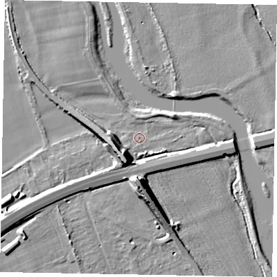 Shaded relief map of the ground around SL60DL, computed from Environment Agency LiDAR. The ground here sits at about 22 m above sea level and falls 12 m across the surrounding 800 m. Surface water reaching this point runs off ground lying to the south-west, 10.7 m higher.