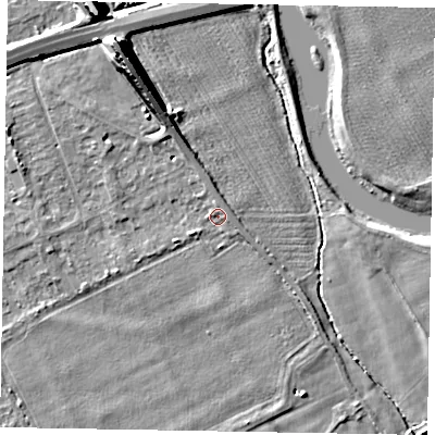 Shaded relief map of the ground around SL60DN, computed from Environment Agency LiDAR. The ground here sits at about 23 m above sea level and falls 13 m across the surrounding 800 m. Surface water reaching this point runs off ground lying to the east, 1.0 m higher.