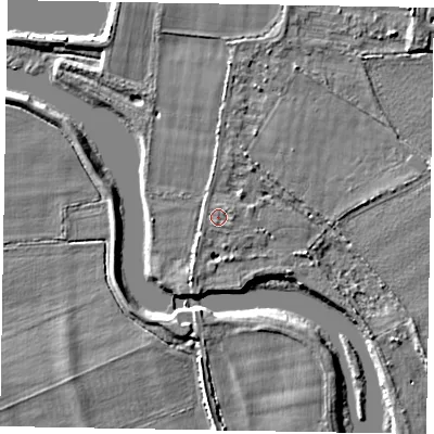 Shaded relief map of the ground around SL60DQ, computed from Environment Agency LiDAR. The ground here sits at about 23 m above sea level and falls 5 m across the surrounding 800 m. Surface water reaching this point runs off ground lying to the east-north-east, 0.6 m higher.