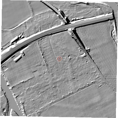 Shaded relief map of the ground around SL60DR, computed from Environment Agency LiDAR. The ground here sits at about 23 m above sea level and falls 13 m across the surrounding 800 m. Surface water reaching this point runs off ground lying to the north-north-east, 10.4 m higher.