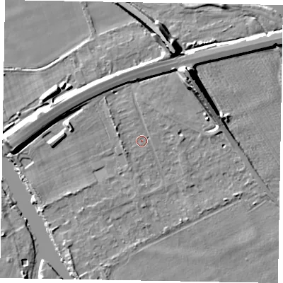 Shaded relief map of the ground around SL60DS, computed from Environment Agency LiDAR. The ground here sits at about 23 m above sea level and falls 13 m across the surrounding 800 m. Surface water reaching this point runs off ground lying to the north-north-east, 10.4 m higher.