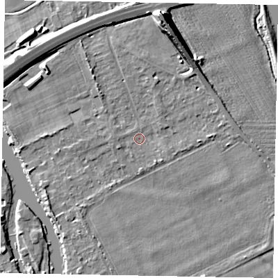 Shaded relief map of the ground around SL60DT, computed from Environment Agency LiDAR. The ground here sits at about 22 m above sea level and falls 13 m across the surrounding 800 m. Surface water reaching this point runs off ground lying to the west-north-west, 0.8 m higher.