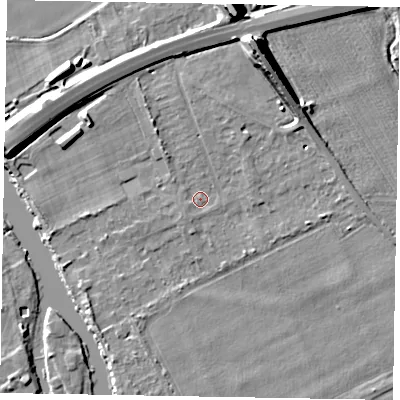 Shaded relief map of the ground around SL60DU, computed from Environment Agency LiDAR. The ground here sits at about 23 m above sea level and falls 13 m across the surrounding 800 m. Surface water reaching this point runs off ground lying to the north-north-west, 2.5 m higher.