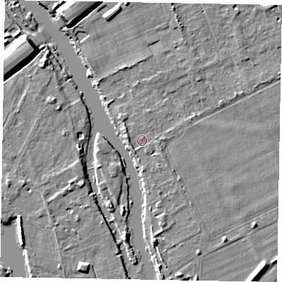Shaded relief map of the ground around SL60DX, computed from Environment Agency LiDAR. The ground here sits at about 22 m above sea level and falls 11 m across the surrounding 800 m. Surface water reaching this point runs off ground lying to the west-north-west, 1.3 m higher.