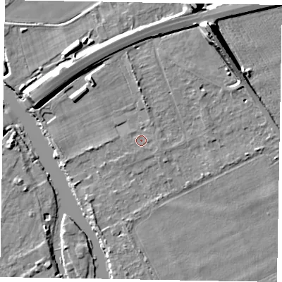 Shaded relief map of the ground around SL60DY, computed from Environment Agency LiDAR. The ground here sits at about 23 m above sea level and falls 13 m across the surrounding 800 m. Surface water reaching this point runs off ground lying to the east, 0.6 m higher.