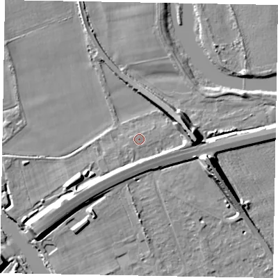 Shaded relief map of the ground around SL60DZ, computed from Environment Agency LiDAR. The ground here sits at about 23 m above sea level and falls 13 m across the surrounding 800 m. Surface water reaching this point runs off ground lying to the south-south-west, 0.6 m higher.