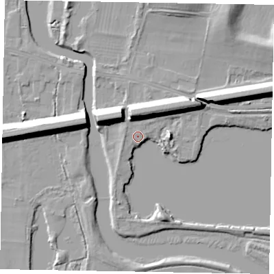 Shaded relief map of the ground around SL60EA, computed from Environment Agency LiDAR. The ground here sits at about 24 m above sea level and falls 12 m across the surrounding 800 m. Surface water reaching this point runs off ground lying to the north-west, 9.6 m higher.