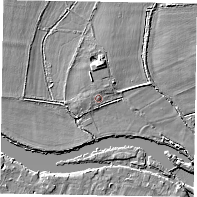 Shaded relief map of the ground around SL60EB, computed from Environment Agency LiDAR. The ground here sits at about 23 m above sea level and falls 6 m across the surrounding 800 m. Surface water reaching this point runs off ground lying to the south-west, 1.0 m higher.