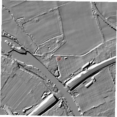 Shaded relief map of the ground around SL60EE, computed from Environment Agency LiDAR. The ground here sits at about 23 m above sea level and falls 10 m across the surrounding 800 m. Surface water reaching this point runs off ground lying to the west-north-west, 0.9 m higher.