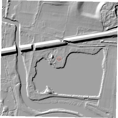 Shaded relief map of the ground around SL60EF, computed from Environment Agency LiDAR. The ground here sits at about 24 m above sea level and falls 12 m across the surrounding 800 m. Surface water reaching this point runs off ground lying to the north, 9.5 m higher.