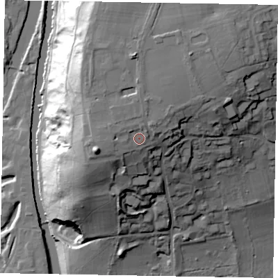 Shaded relief map of the ground around SL60EP, computed from Environment Agency LiDAR. The ground here sits at about 64 m above sea level and falls 48 m across the surrounding 800 m. Surface water reaching this point runs off ground lying to the west, 2.8 m higher.