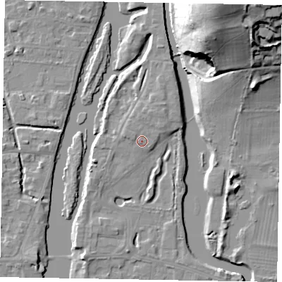 Shaded relief map of the ground around SL60FA, computed from Environment Agency LiDAR. The ground here sits at about 25 m above sea level and falls 42 m across the surrounding 800 m. Surface water reaching this point runs off ground lying to the north, 0.9 m higher.