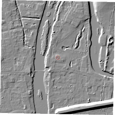 Shaded relief map of the ground around SL60FB, computed from Environment Agency LiDAR. The ground here sits at about 24 m above sea level and falls 18 m across the surrounding 800 m. Surface water reaching this point runs off ground lying to the west, 0.5 m higher.