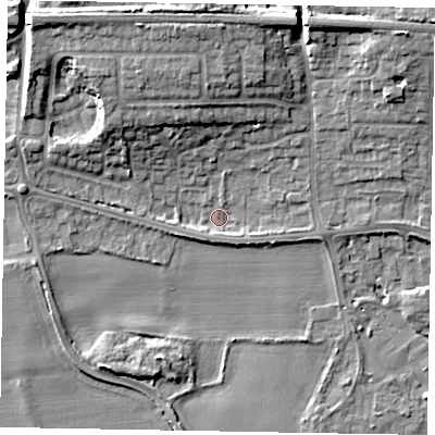 Shaded relief map of the ground around SL60FG, computed from Environment Agency LiDAR. The ground here sits at about 24 m above sea level and falls 11 m across the surrounding 800 m. Surface water reaching this point runs off ground lying to the north-east, 9.0 m higher.