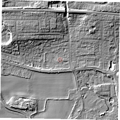 Shaded relief map of the ground around SL60FH, computed from Environment Agency LiDAR. The ground here sits at about 24 m above sea level and falls 11 m across the surrounding 800 m. Surface water reaching this point runs off ground lying to the north-north-west, 10.3 m higher.