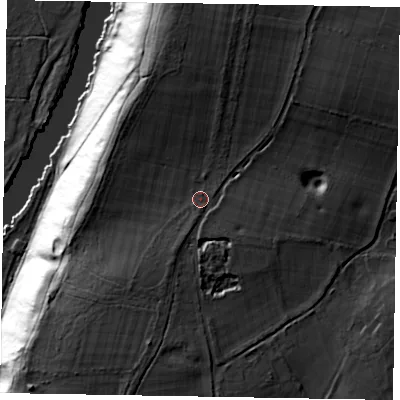 Shaded relief map of the ground around SL60HJ, computed from Environment Agency LiDAR. The ground here sits at about 63 m above sea level and falls 46 m across the surrounding 800 m. Surface water reaching this point runs off ground lying to the south-south-west, 4.1 m higher.