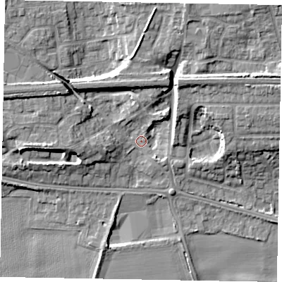 Shaded relief map of the ground around SL60JL, computed from Environment Agency LiDAR. The ground here sits at about 25 m above sea level and falls 11 m across the surrounding 800 m. Surface water reaching this point runs off ground lying to the north-east, 9.2 m higher.