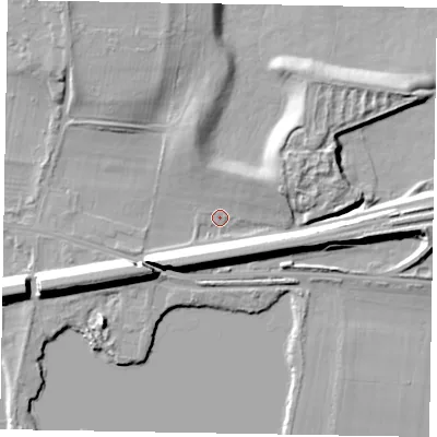 Shaded relief map of the ground around SL60NP, computed from Environment Agency LiDAR. The ground here sits at about 24 m above sea level and falls 13 m across the surrounding 800 m. Surface water reaching this point runs off ground lying to the east, 10.1 m higher.