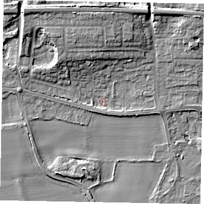 Shaded relief map of the ground around SL60PE, computed from Environment Agency LiDAR. The ground here sits at about 23 m above sea level and falls 11 m across the surrounding 800 m. Surface water reaching this point runs off ground lying to the north, 9.0 m higher.