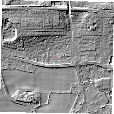 Shaded relief map of the ground around SL60PG, computed from Environment Agency LiDAR. The ground here sits at about 24 m above sea level and falls 11 m across the surrounding 800 m. Surface water reaching this point runs off ground lying to the north-east, 8.9 m higher.