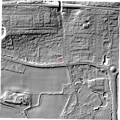 Shaded relief map of the ground around SL60PL, computed from Environment Agency LiDAR. The ground here sits at about 24 m above sea level and falls 11 m across the surrounding 800 m. Surface water reaching this point runs off ground lying to the north-north-east, 9.8 m higher.