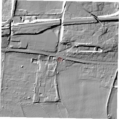 Shaded relief map of the ground around SL60PR, computed from Environment Agency LiDAR. The ground here sits at about 25 m above sea level and falls 12 m across the surrounding 800 m. Surface water reaching this point runs off ground lying to the west-north-west, 3.3 m higher.