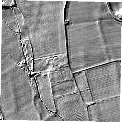 Shaded relief map of the ground around SL60PT, computed from Environment Agency LiDAR. The ground here sits at about 24 m above sea level and falls 5 m across the surrounding 800 m. Surface water reaching this point runs off ground lying to the south-south-east, 0.6 m higher.