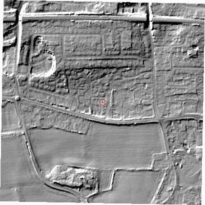 Shaded relief map of the ground around SL60PY, computed from Environment Agency LiDAR. The ground here sits at about 24 m above sea level and falls 11 m across the surrounding 800 m. Surface water reaching this point runs off ground lying to the north, 9.0 m higher.