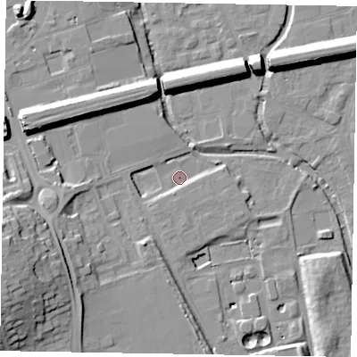 Shaded relief map of the ground around SL61AB, computed from Environment Agency LiDAR. The ground here sits at about 23 m above sea level and falls 24 m across the surrounding 800 m. Surface water reaching this point runs off ground lying to the south-west, 11.5 m higher.
