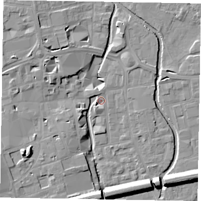 Shaded relief map of the ground around SL61AF, computed from Environment Agency LiDAR. The ground here sits at about 24 m above sea level and falls 15 m across the surrounding 800 m. Surface water reaching this point runs off ground lying to the west, 7.0 m higher.
