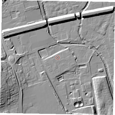 Shaded relief map of the ground around SL61AH, computed from Environment Agency LiDAR. The ground here sits at about 25 m above sea level and falls 23 m across the surrounding 800 m. Surface water reaching this point runs off ground lying to the west-south-west, 0.7 m higher.