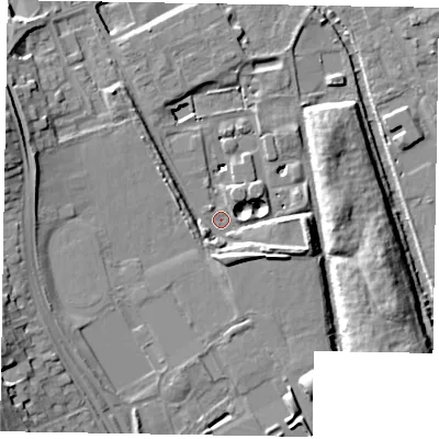Shaded relief map of the ground around SL61AL, computed from Environment Agency LiDAR. The ground here sits at about 24 m above sea level and falls 19 m across the surrounding 800 m. Surface water reaching this point runs off ground lying to the west-south-west, 12.7 m higher.
