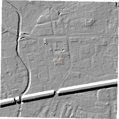 Shaded relief map of the ground around SL61AN, computed from Environment Agency LiDAR. The ground here sits at about 25 m above sea level and falls 13 m across the surrounding 800 m. Surface water reaching this point runs off ground lying to the east-south-east, 1.7 m higher.