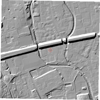 Shaded relief map of the ground around SL61AP, computed from Environment Agency LiDAR. The ground here sits at about 24 m above sea level and falls 20 m across the surrounding 800 m. Surface water reaching this point runs off ground lying to the north-north-west, 10.6 m higher.