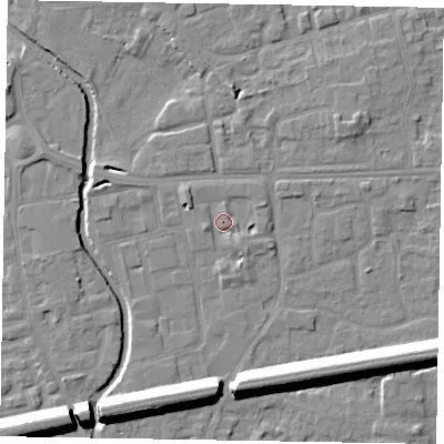 Shaded relief map of the ground around SL61AQ, computed from Environment Agency LiDAR. The ground here sits at about 24 m above sea level and falls 13 m across the surrounding 800 m. Surface water reaching this point runs off ground lying to the north-west, 2.3 m higher.