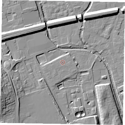 Shaded relief map of the ground around SL61AR, computed from Environment Agency LiDAR. The ground here sits at about 25 m above sea level and falls 21 m across the surrounding 800 m. The ground contributing surface water to this point lies to the south-west.