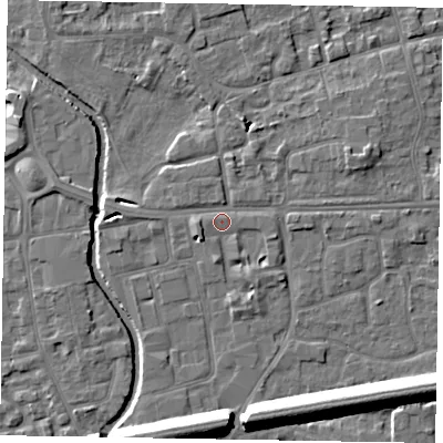 Shaded relief map of the ground around SL61AS, computed from Environment Agency LiDAR. The ground here sits at about 24 m above sea level and falls 13 m across the surrounding 800 m. Surface water reaching this point runs off ground lying to the west, 1.6 m higher.