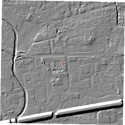 Shaded relief map of the ground around SL61AW, computed from Environment Agency LiDAR. The ground here sits at about 24 m above sea level and falls 13 m across the surrounding 800 m. Surface water reaching this point runs off ground lying to the south-south-west, 1.8 m higher.