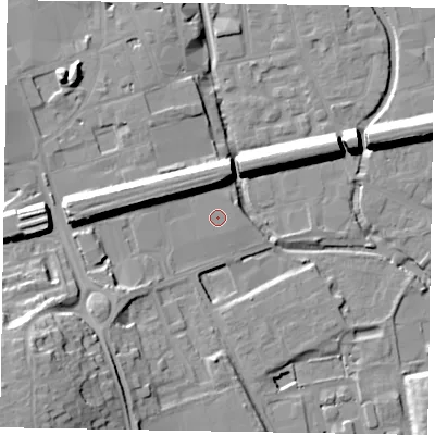 Shaded relief map of the ground around SL61AY, computed from Environment Agency LiDAR. The ground here sits at about 25 m above sea level and falls 23 m across the surrounding 800 m. The ground contributing surface water to this point lies to the west.