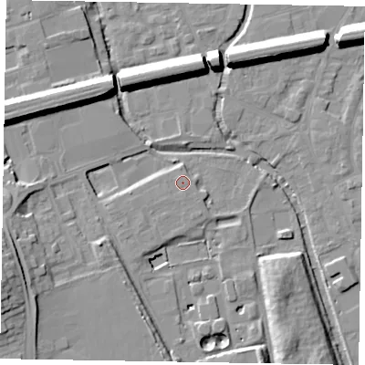 Shaded relief map of the ground around SL61BE, computed from Environment Agency LiDAR. The ground here sits at about 25 m above sea level and falls 18 m across the surrounding 800 m. Surface water reaching this point runs off ground lying to the south-west, 0.9 m higher.
