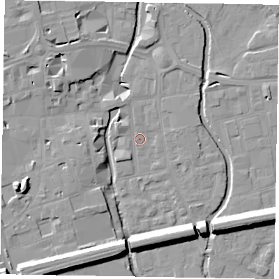 Shaded relief map of the ground around SL61BP, computed from Environment Agency LiDAR. The ground here sits at about 24 m above sea level and falls 16 m across the surrounding 800 m. Surface water reaching this point runs off ground lying to the west-north-west, 3.2 m higher.