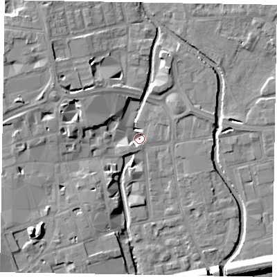Shaded relief map of the ground around SL61BT, computed from Environment Agency LiDAR. The ground here sits at about 21 m above sea level and falls 15 m across the surrounding 800 m. Surface water reaching this point runs off ground lying to the south-west, 5.0 m higher.