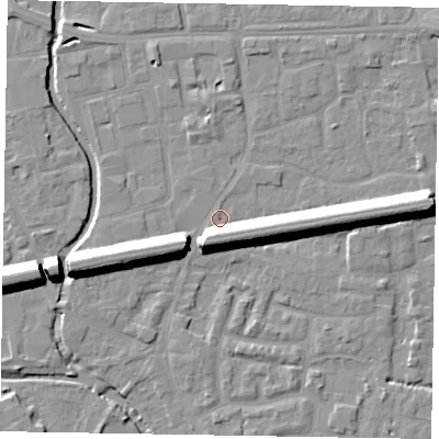 Shaded relief map of the ground around SL61BW, computed from Environment Agency LiDAR. The ground here sits at about 23 m above sea level and falls 13 m across the surrounding 800 m. Surface water reaching this point runs off ground lying to the east, 11.0 m higher.