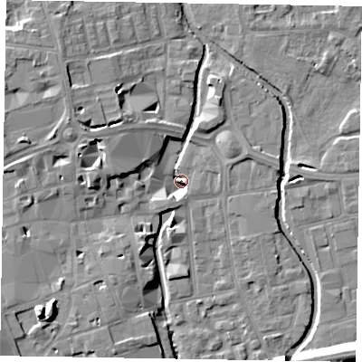 Shaded relief map of the ground around SL61BX, computed from Environment Agency LiDAR. The ground here sits at about 23 m above sea level and falls 15 m across the surrounding 800 m. Surface water reaching this point runs off ground lying to the south-south-west, 6.9 m higher.