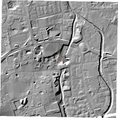 Shaded relief map of the ground around SL61DL, computed from Environment Agency LiDAR. The ground here sits at about 23 m above sea level and falls 15 m across the surrounding 800 m. Surface water reaching this point runs off ground lying to the west-north-west, 11.4 m higher.