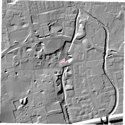 Shaded relief map of the ground around SL61DQ, computed from Environment Agency LiDAR. The ground here sits at about 25 m above sea level and falls 15 m across the surrounding 800 m. Surface water reaching this point runs off ground lying to the south-east, 7.0 m higher.